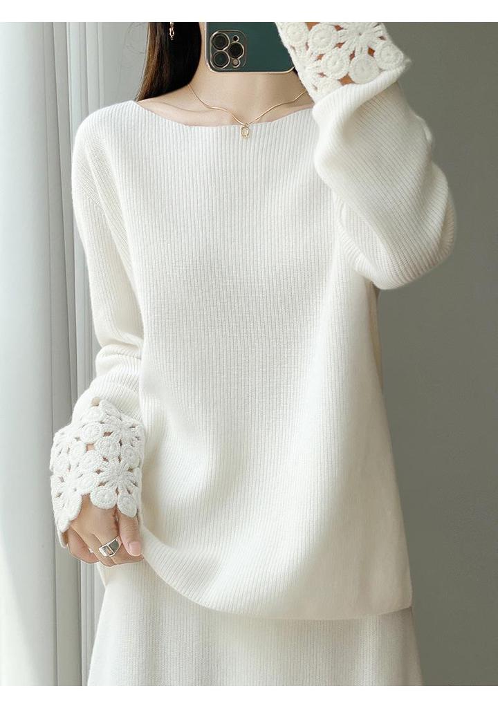 2025 Winter One-Shoulder Wool Sweater: Women's Loose Hollow Crochet Top & Gentle Style Two-Piece Set