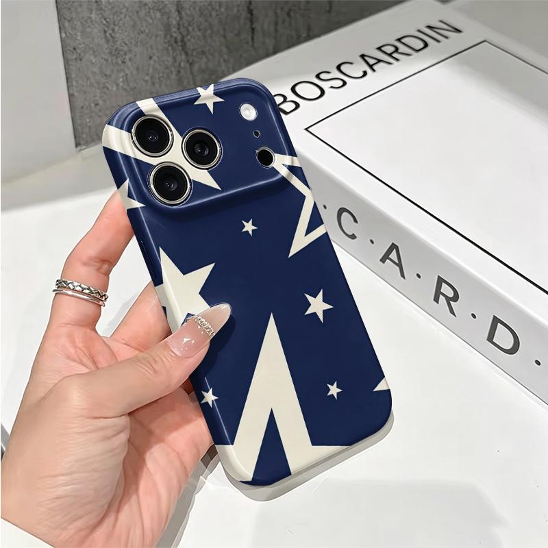 Navy Cream Oversized Star Geometric Pattern Art Film Aesthetic Protective Shockproof Bumper Phone Case Cover For iPhone 13 14 15 16 17 Pro Max Plus