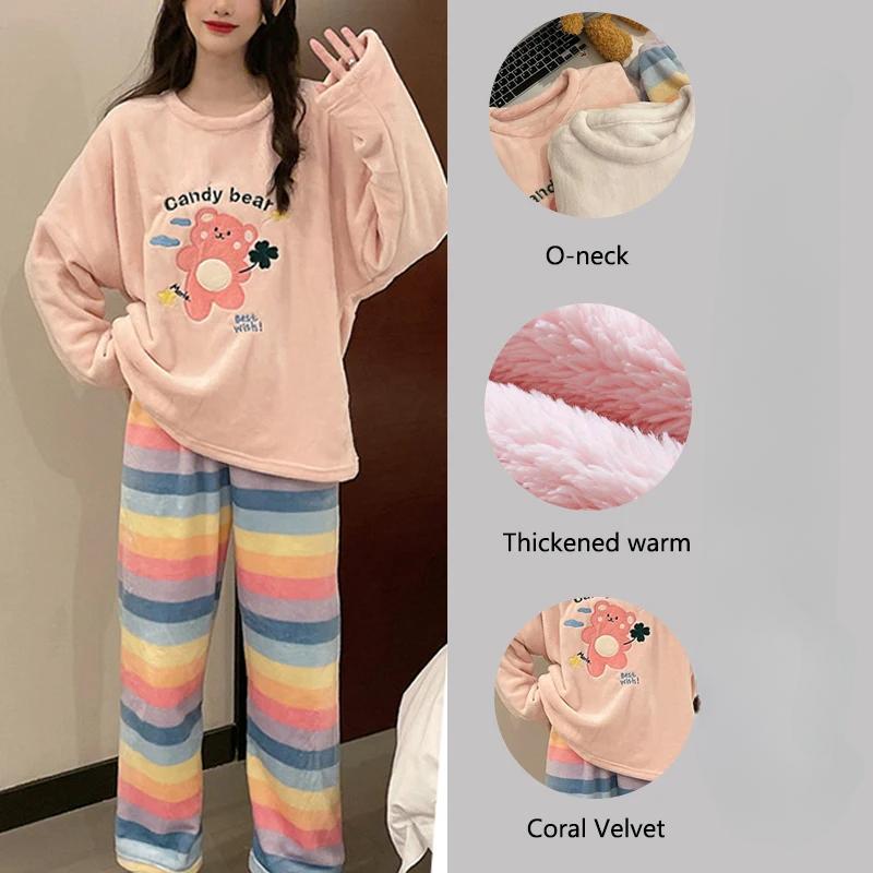 Thickened Warm Autumn Winter Pyjamas Long-Sleeved Trousers Female Coral Velvet Cartoon Bear Two-Piece Homewear Girl