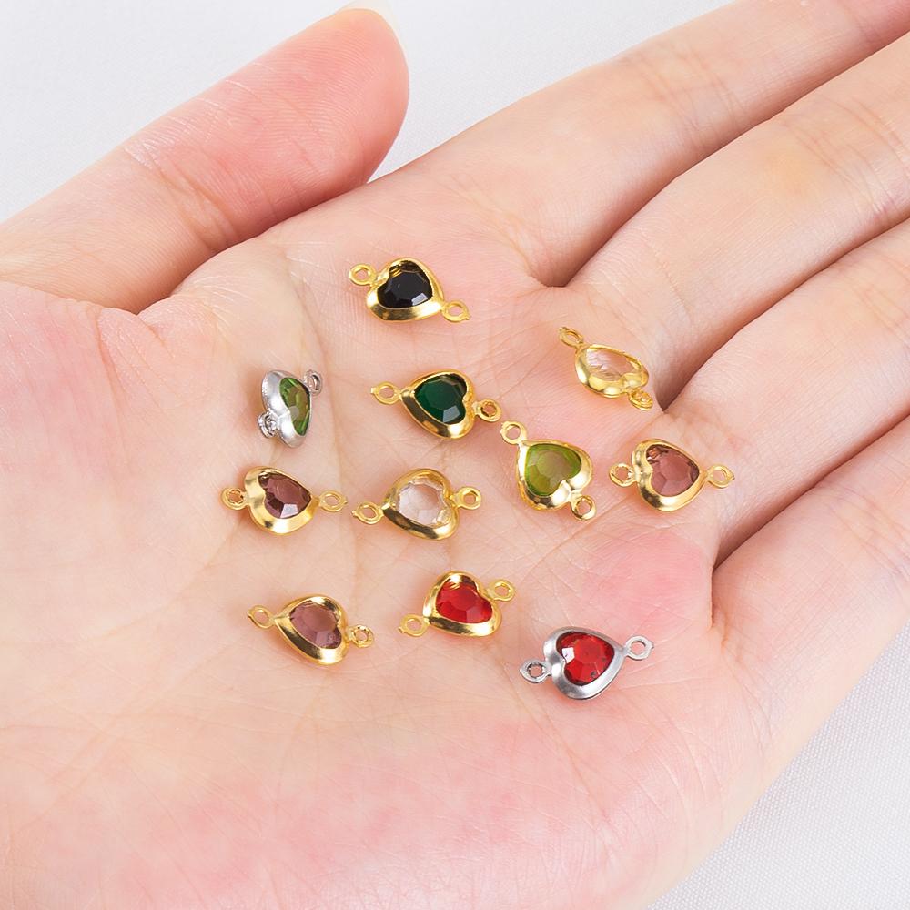 10pcs 7.5mm Stainless Steel Double Hole Heart Pendant Colorful Crystal Charms Connector for DIY Necklace Bracelet Jewelry Making