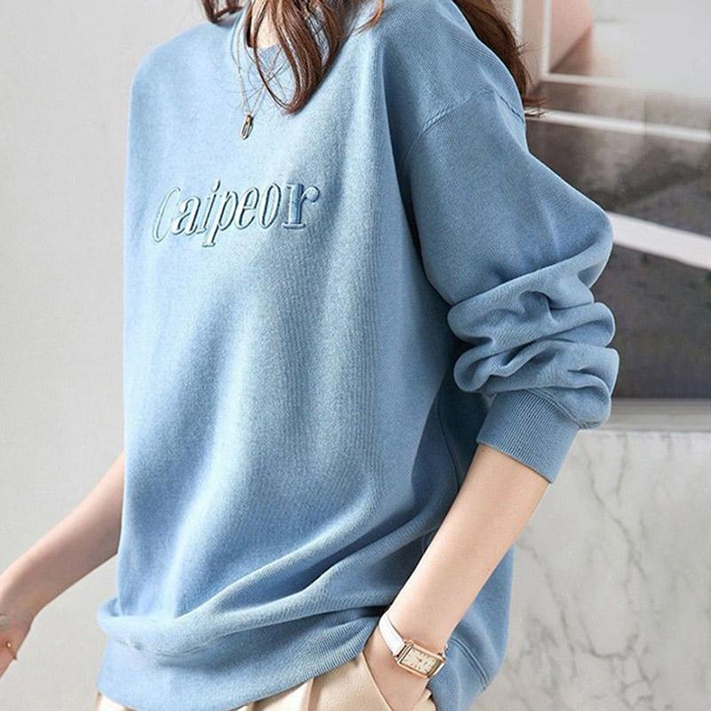 Sweatshirt for Women Cotton Oversize EmbroiderySlimming Loose Round Neck Casual Pullover Long Sleeve Spring Sweatshirt Top