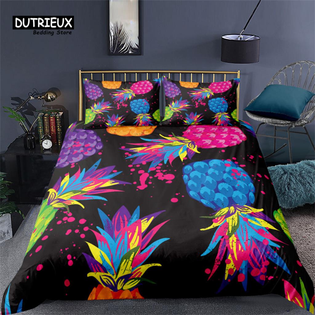 Funny Tropical Fruit Bedding Set Microfiber Pineapple Pear Geometric Pattern Duvet Cover With Pillowcases For Kids Bedroom Decor