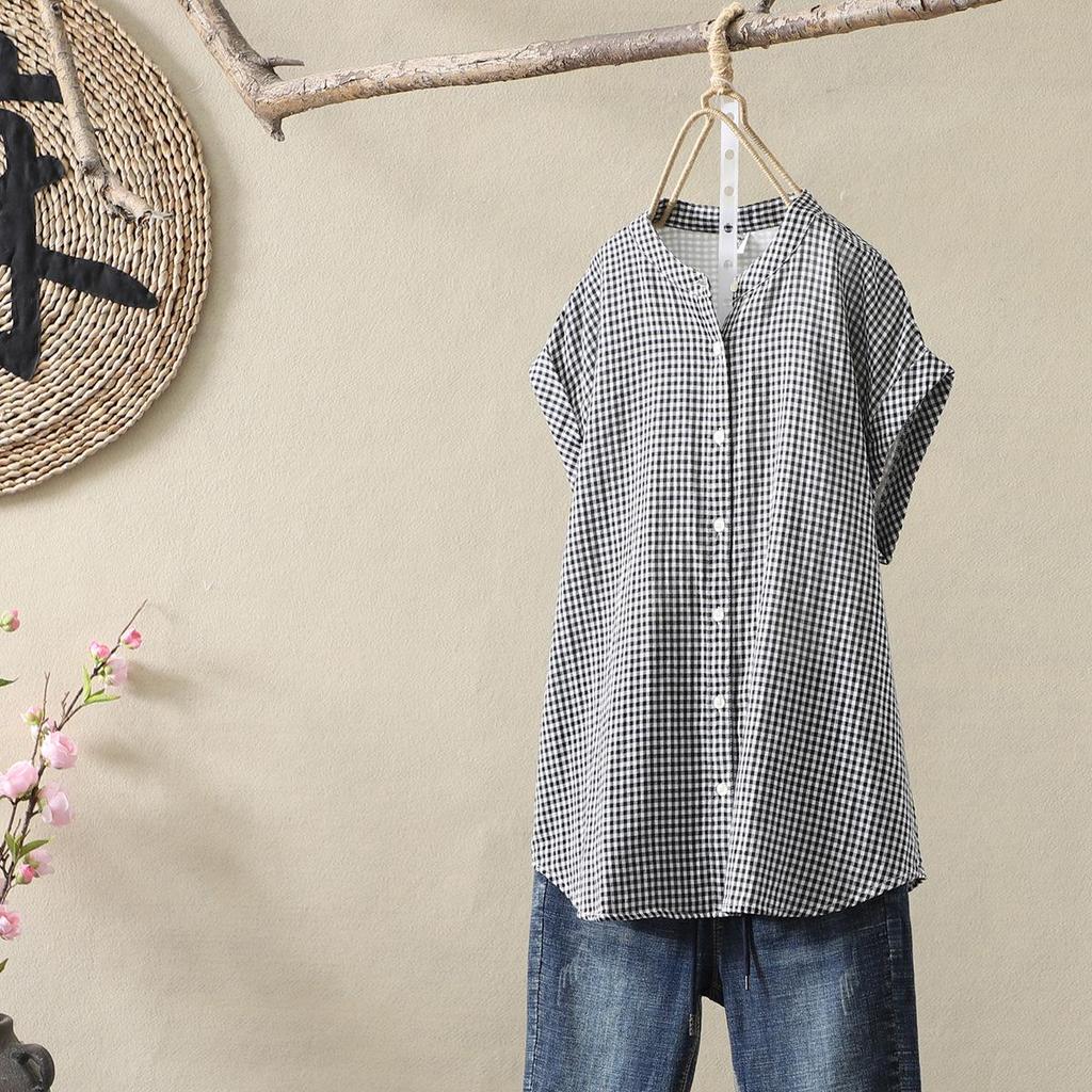 Japanese Minimalist Plaid Women's Sleeveless Stand Collar Shirt & Classic Short Sleeve Shirt