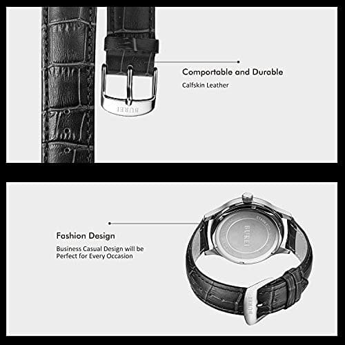 BUREI Men's Leather Watch, Popular Brand, Analog, Roman Numeral, Simple Design, Waterproof, Stylish, Commuter, Business, Silver White