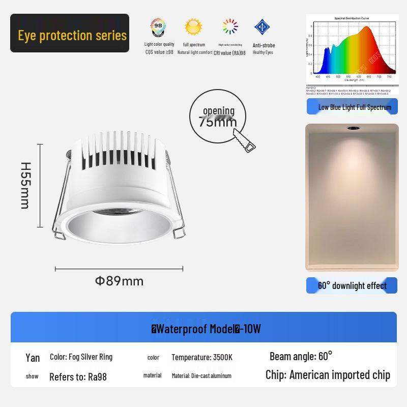 Wasserdichter blendfreier beschlagfreier Einbaustrahler mit schmalem Rand für Küche und Badezimmer