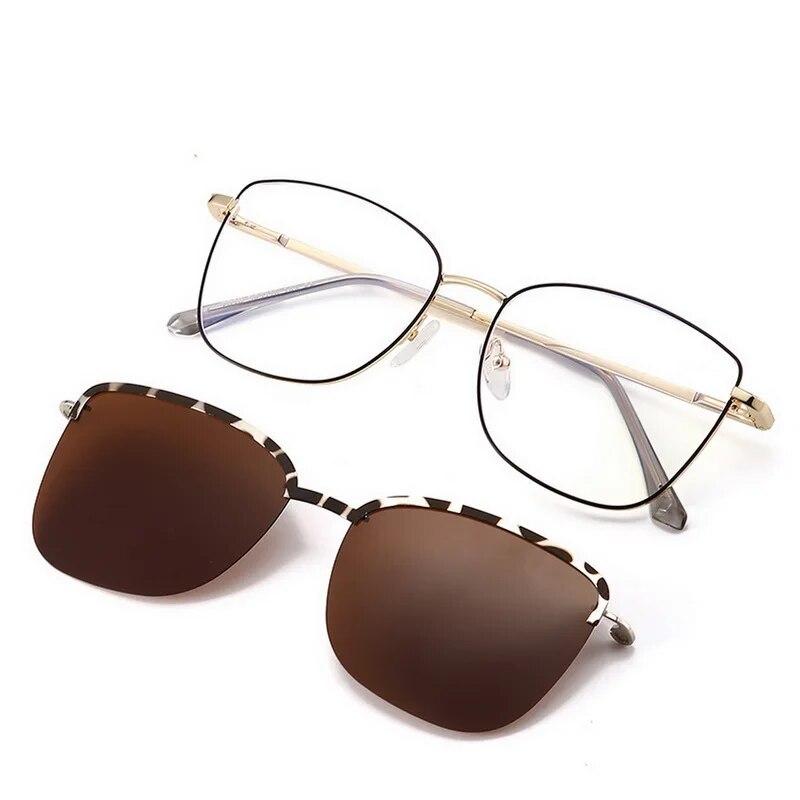 2 In-1 Glasses Anti Blue Light Glasses with 1Pc Magnetic Polarized Clip-On Sunglasses Lenses Trendy Metal Frame Cat Eye Eyewear