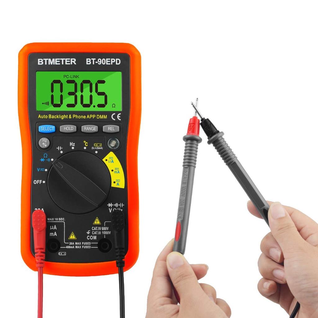 BTMETER BT-90EPD Bluetooth Multimeter, 4000-count Auto-ranging Tester. APP Logs Mobile Data, Tests AC/DC Voltage, Current, Resistance & Temp