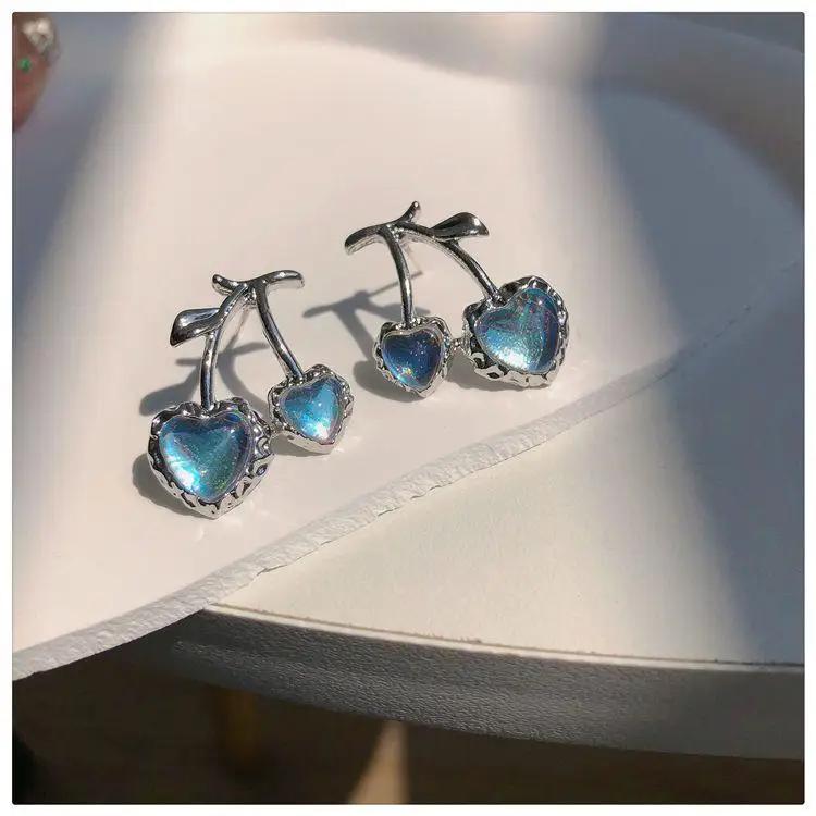 

Fashion Blue Rhinestone Cherry Stud Earrings for Women Personality Cute Leaf Branch Opal Earrings Birthday Jewelry Girls Gift