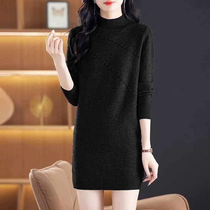 Svetr s polovičním rolákem pro ženy Ležérní jednobarevný středně dlouhý pletený svetr Volný pletený svetr s dlouhým rukávem na podzim a zimu