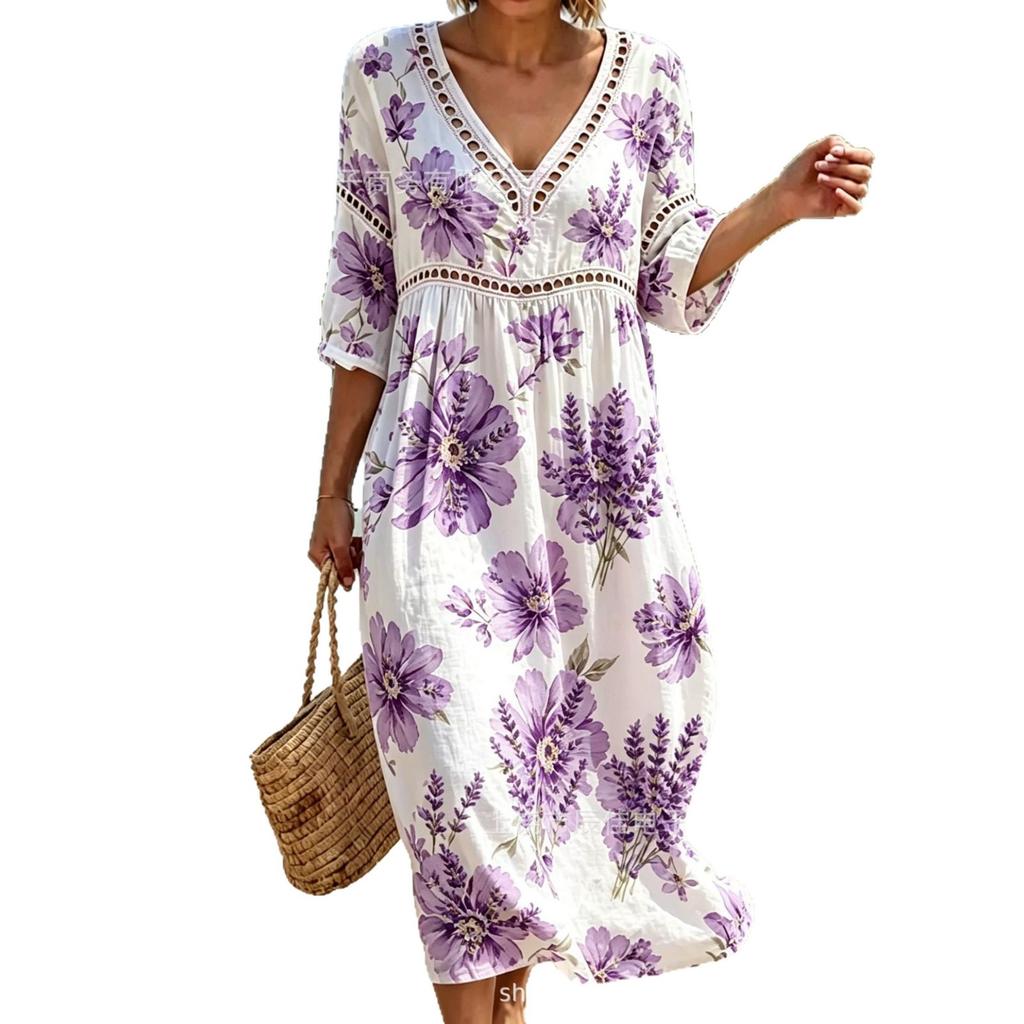 New Seaside Vacation Style V-neck Bohemian Print Loose Dress Vacation Dress