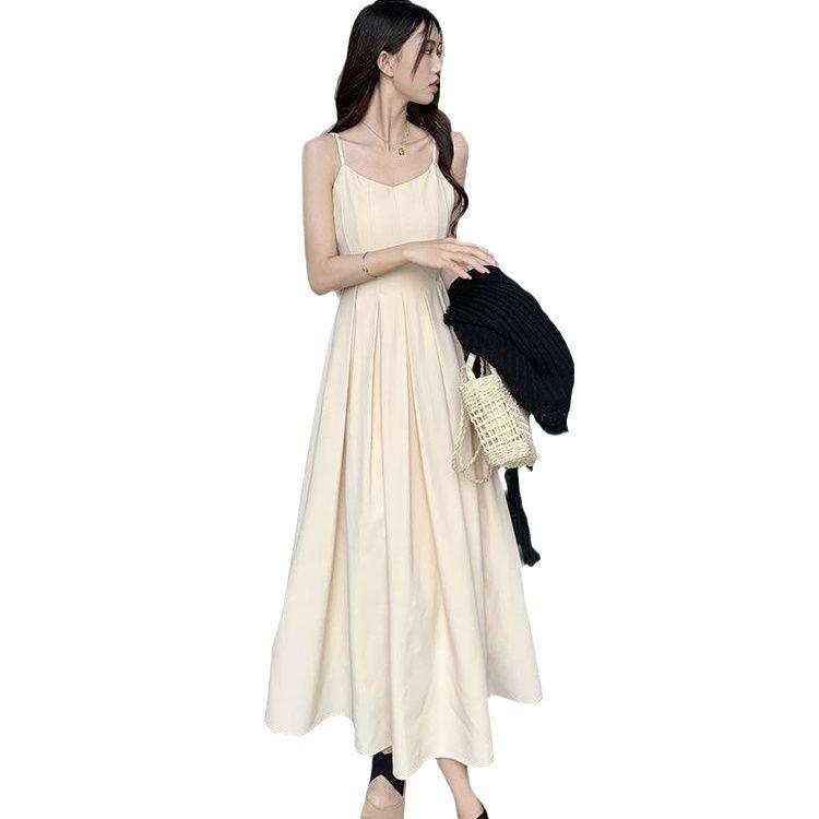 Women's Summer 2024 Sleeveless French-Inspired Pleated Waist Sling Dress