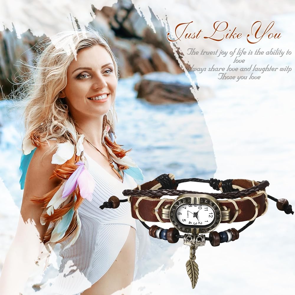 "Vintage Women's Analog Bracelet Watch Leather Strap Multi-Wrap Leaf Design Square Casual Accessory"