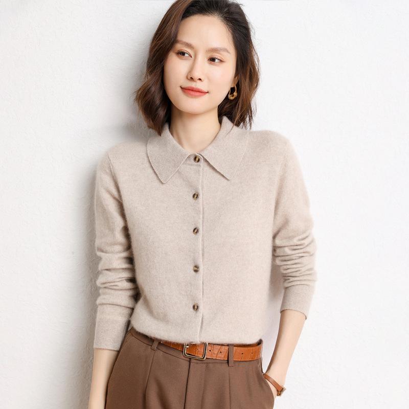 Women's Polo Collar Cashmere Cardigan - Elegant Lapel Sweater, Fashionable and Versatile Knit Top