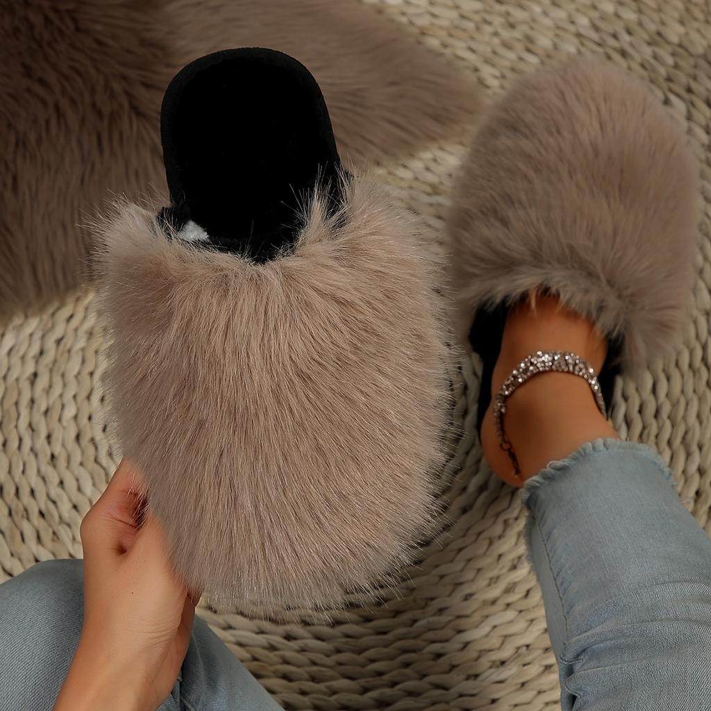 Fashion Closed Toe Fluffy Fur Slippers for Women Winter Plush Warm Indoor Home Slippers Woman Lightweight Flat Heels Couple Furry Slides