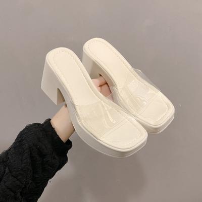 European High-heeled Women's Shoes 2024 New Fashionable Transparent One-word Sandals Thick-soled Waterproof Table Square Head High-heeled Slippers