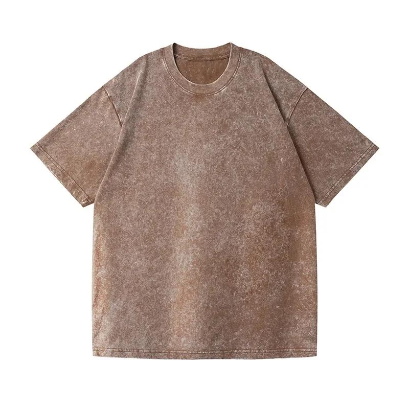 Summer Oversize Men's Cotton T-Shirt Heavyweight Wax Dyeing Washed Outdoor Style Short Sleeve Crew Neck Tops