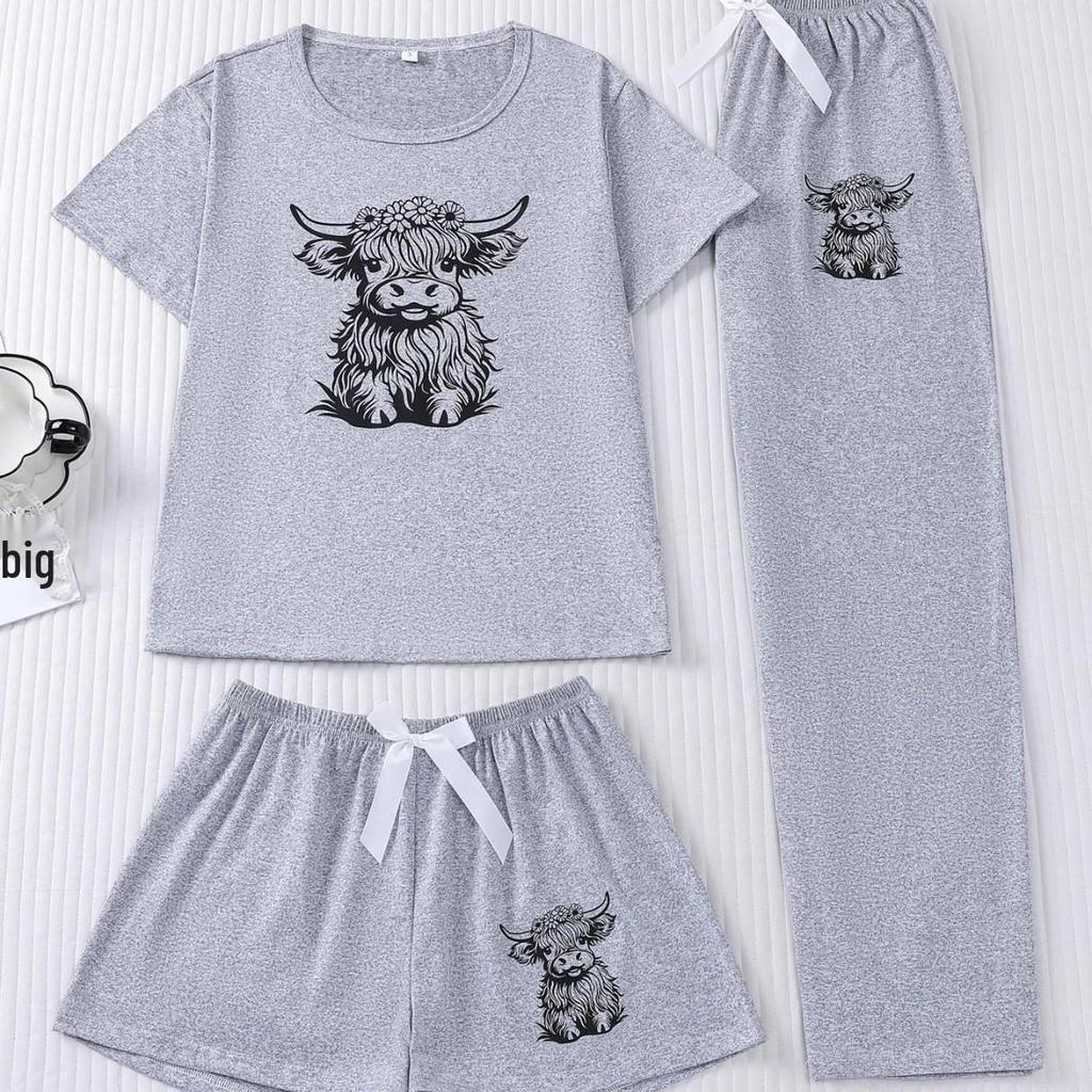 Kälberdruck 3-teiliges Set: Kurzarm-Oberteil, Shorts & Hosen - Niedliche und bequeme Homewear