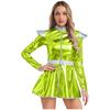 Womens Alien Costume Long Sleeves Front Zip A Line Dress Belt Design Shiny Metallic Outer Space Robot Costume