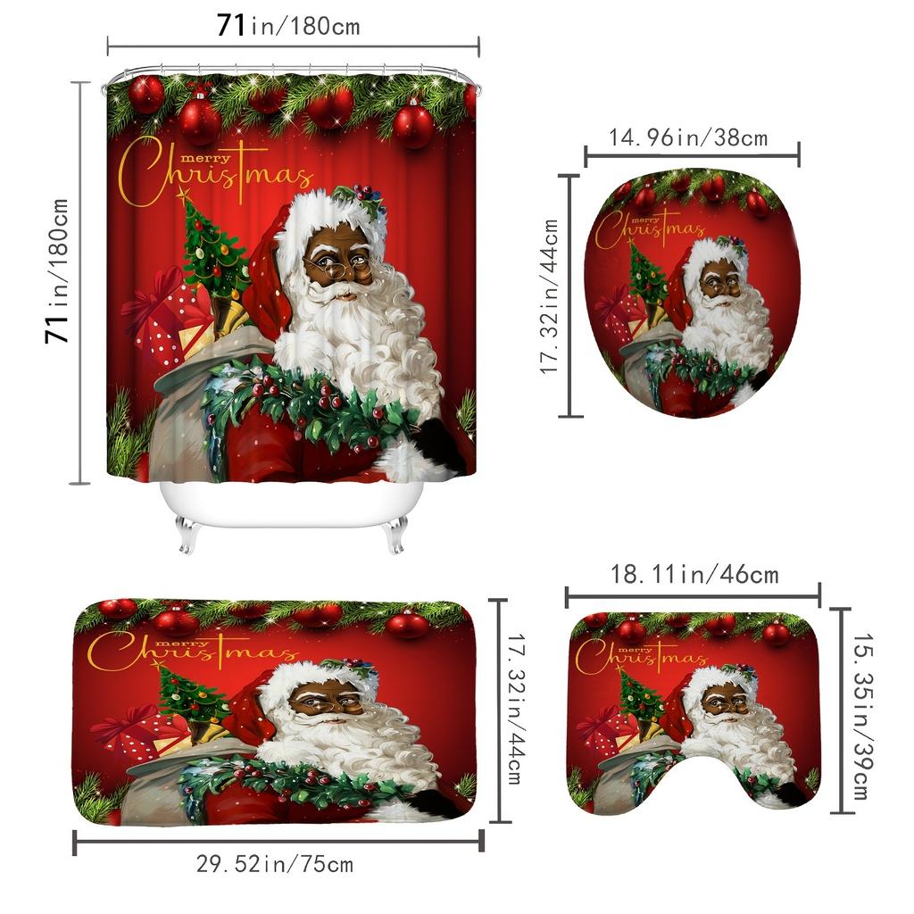 Santa Claus Shower Curtain Set with Non-Slip Rugs Polyester Waterproof Christmas Decorations Bathroom Accessories with 12 Hooks