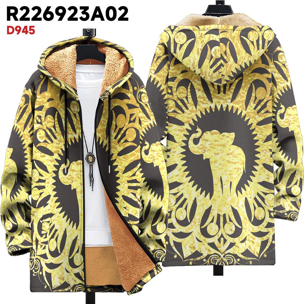 New jacket: multi-colored pattern elements, zipper hooded cardigan, thickened winter fleece padded clothes, yellow lining, trendy cotton clothes
