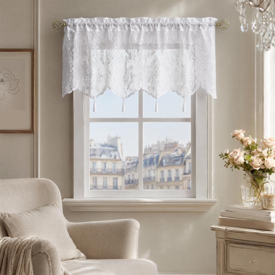 Spitzen-Fenstervorhang, Weißer Spitzen-Schiebegardine mit Quasten und Stangentasche, Vintage Lichtfilternder Fenstervorhang für das Wohnzimmer