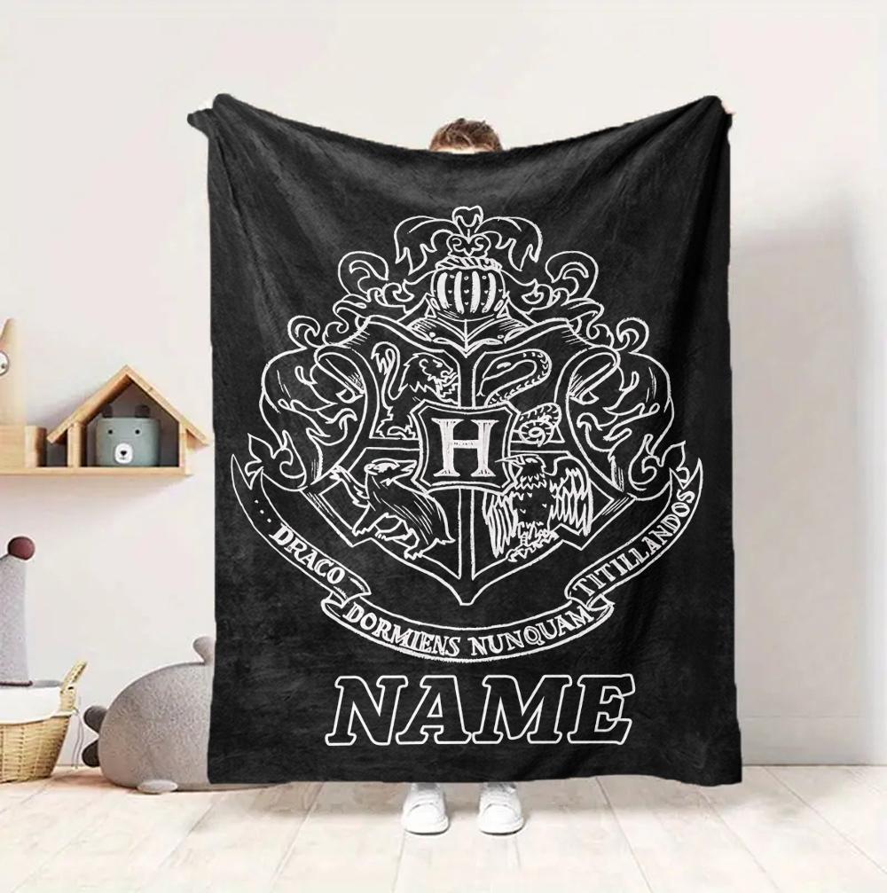Custom Name Hogwarts Crest Flannel Blanket Throw Blanket Soft Warm Sofa Bed home Decor Unique Gift