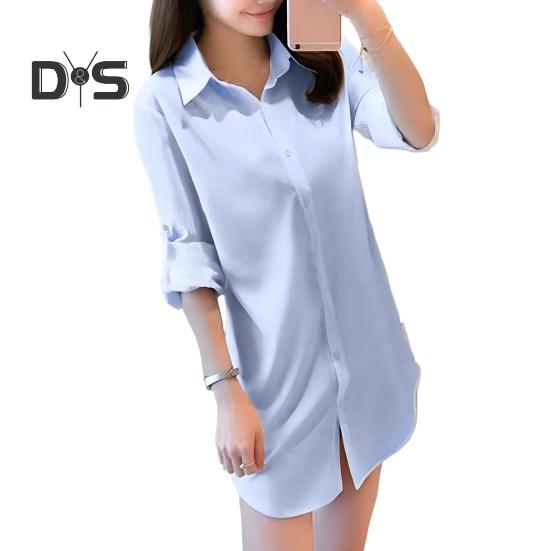 Dámská košile s klopou, dlouhým rukávem, střední délky, jednobarevná, knoflíková léga, ležérní střih, topy pro každodenní nošení