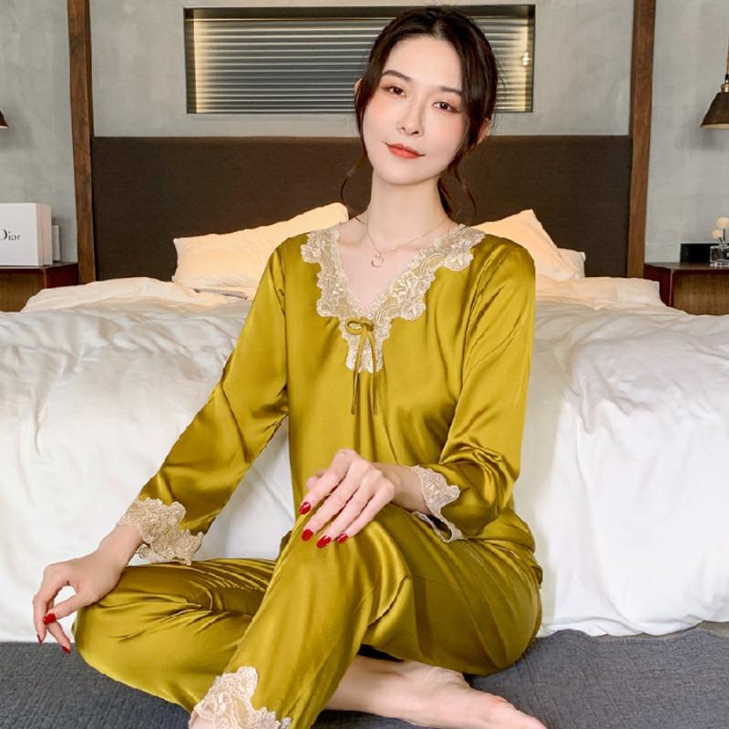 

Элегантная кружевная женская пижама с бюстгальтером во французском английском стиле Y2k, однотонная сексуальная домашняя ночная рубашка из 2 предметов, осенняя новая шикарная женская пижама XXL