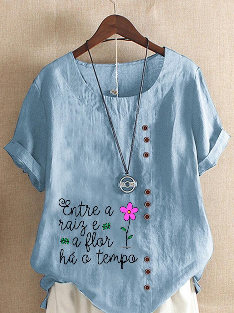 Women's Fashion Letter Print Casual Cotton Linen Short Sleeve Round Neck T-shirt Shirt Leisure Loose Summer Blouse Tops