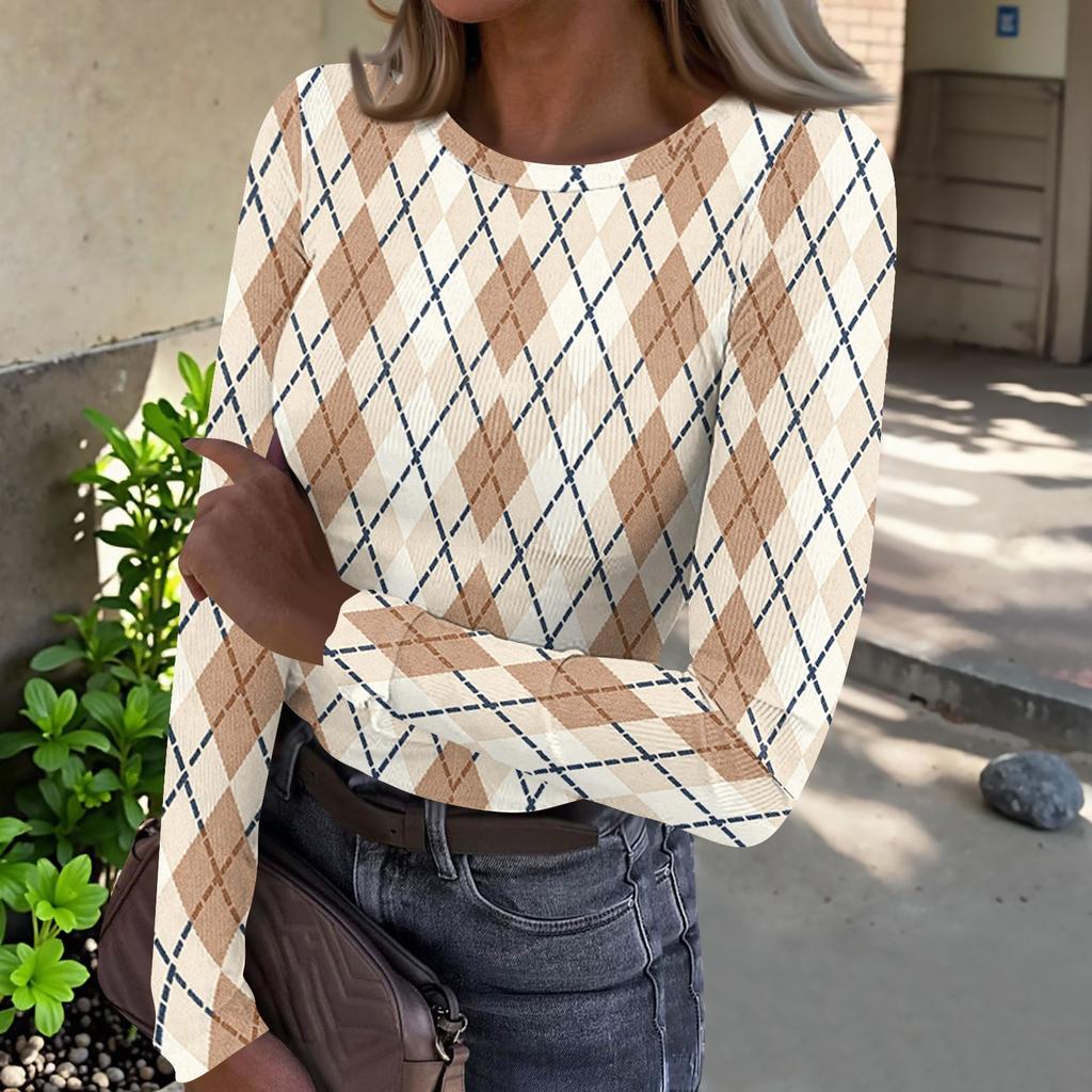Top Casual de Mujer con Estampado de Cuadros, Cuello Redondo, Manga Larga y Canalé para el Uso Diario y el Trabajo