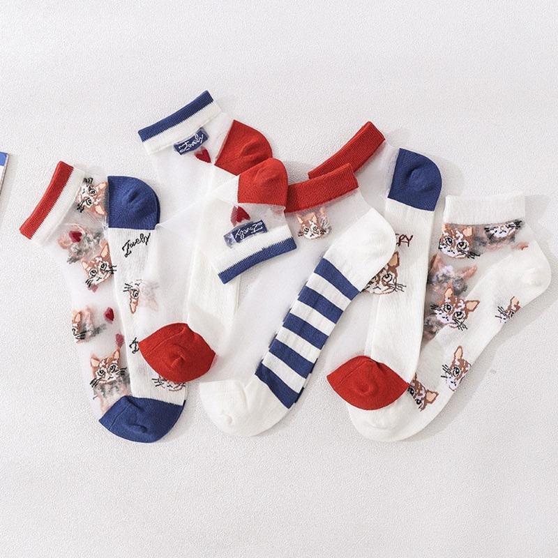 5 Pairs Women Sexy Socks Cute Cat Lace Socks Nylon Anime Y2k Socks For Girls Black Breathable Women Socks Sets