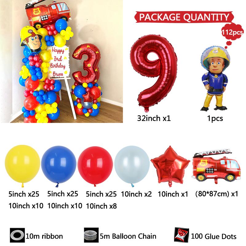 112pc/set Sam Fireman Fire Truck Set Digital Aluminum Film Balloon 1-9 suitable for birthday  party anniversary graduation seaso