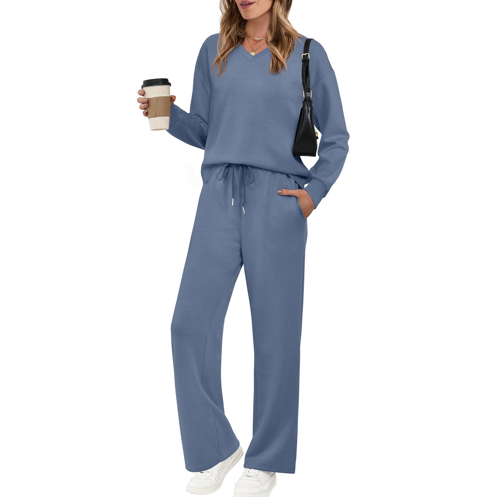 

Women s Color Long Sleeved Drawstring Casual Top And Pants Set XL світло-синій колір