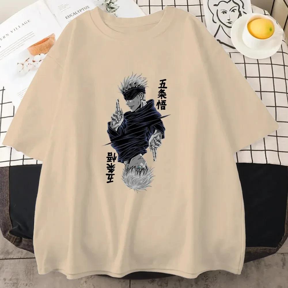 Fashion Jujutsu Kaisen Satoru Gojo Anime Printed Lady O-Neck Short Sleeve Women's T Shirt Black White Short Sleeve Polyester