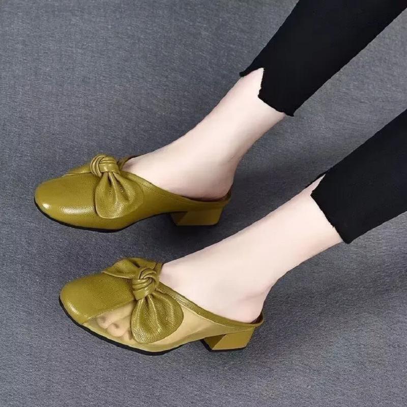 women fashion yellow round toe bow tie spring slip on square heel shoes lady classic black mesh breathable shoes ab640