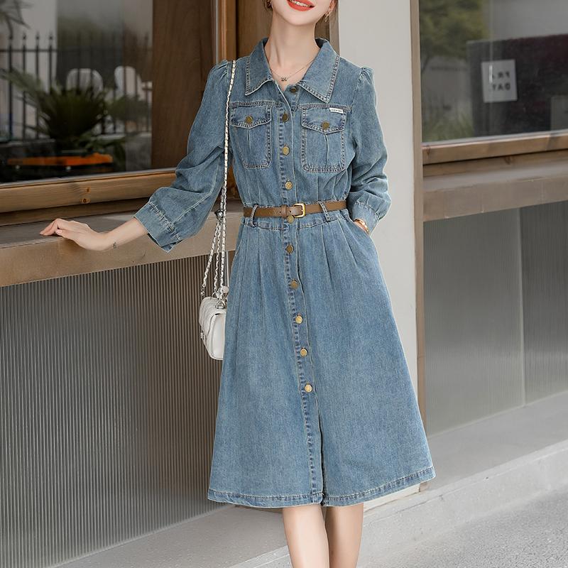 Women Denim Dress Spring Autumn Long Sleeved Blue Jean Dress Ladies Single-Breasted Dresses