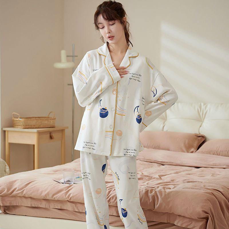 Spring and Autumn New High-end Imitation Cotton Pajamas Women's Summer Long-sleeved Trousers Set Women's Loose Large-size Loungewear
