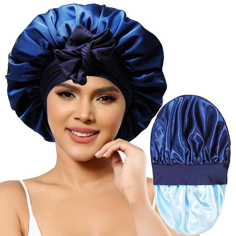 New Elegant Satin Lined Bonnet Double Layered Ribbon Round Hat Wide Brimmed Bath Hat Black Sleep Cap for Women Curly Hair