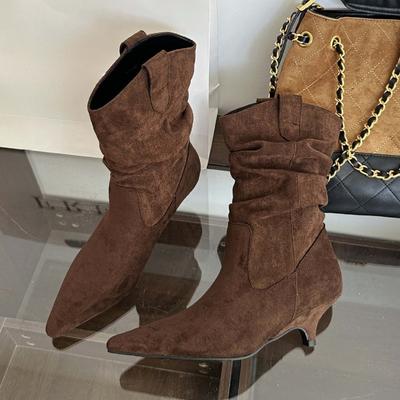 Fashion High Quality Faux Suede Kitten Heel Ankle Boots Women Fashion Pointed Toe Sewing Pleated Designer Boots Comfortable Modern Boots