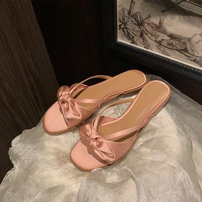 Luxury Designer Silk Bowtie Slippers Women Outdoor Slides Shoes Flat Heel Pink Bow Flip Flops Narrow Band Sandalias Mujer 2024