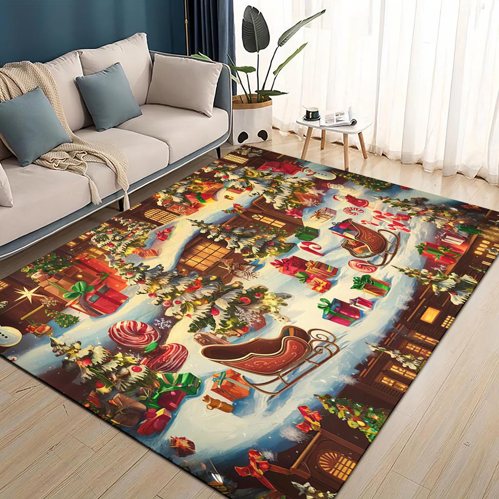 Merry Christmas Cartoon Santa Claus Snowman New Year Gift Carpet Rug for Living Room Bedroom Home Sofa Decoration,Non-slip Mat