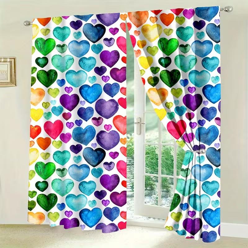 2 Pcs Colorful Hearts Print Curtains,suitable for Bedroom,living Room Kitchen Decoration,home Decoration,window Decoration