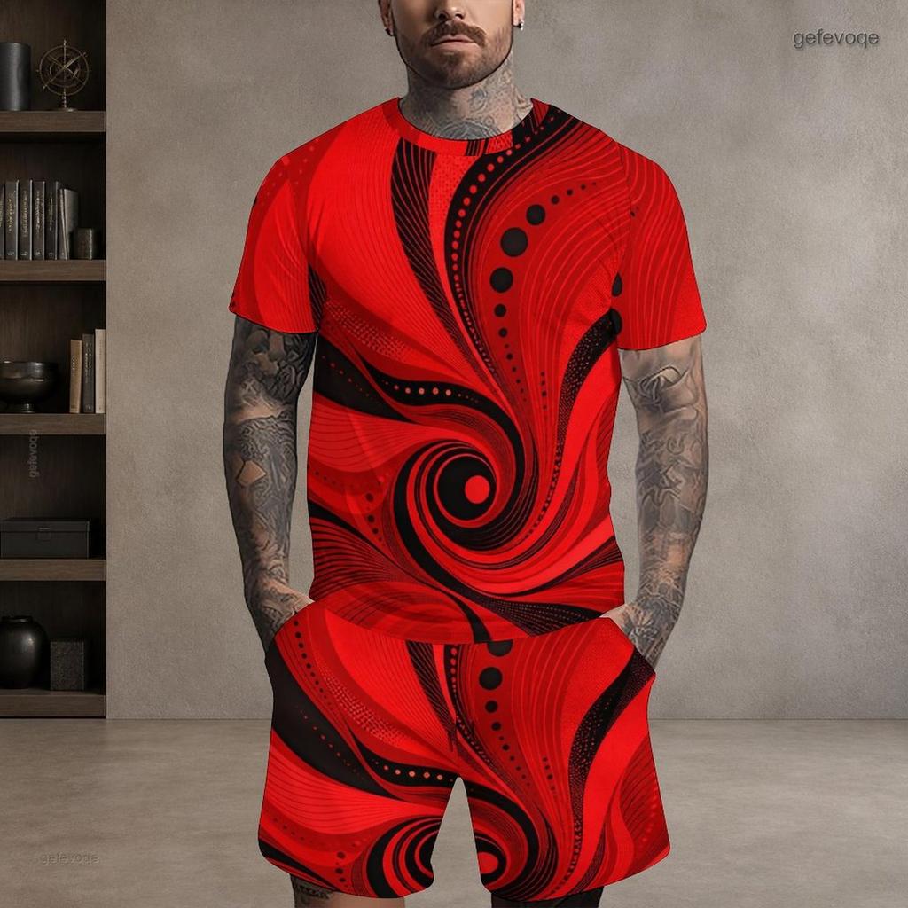 Herren Plus Size Rotes Schwarzes Bedrucktes Rundhals-Kurzarm-Oberteil Mit Taschen Zweiteiliges Shorts-Set