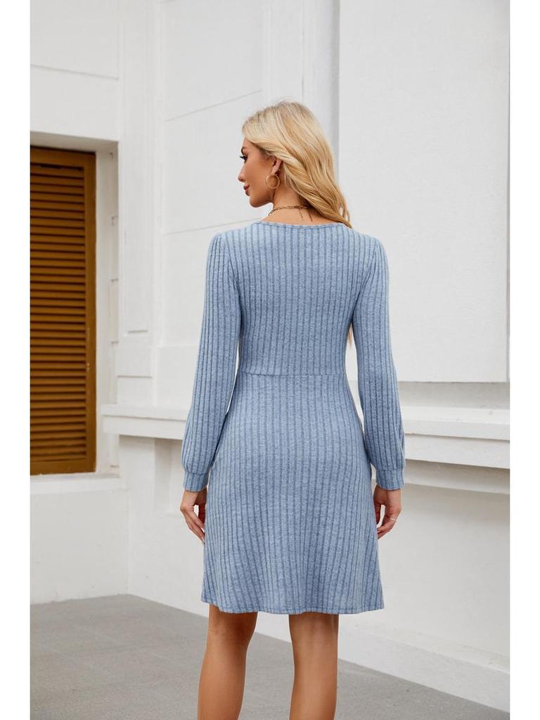 2025 Women's Square Neck Pocket Knit Sweater Dress - Long Sleeve Casual Fashion