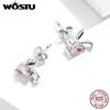 WOSTU Pendientes de plata de ley 925 con forma de orejas de conejo y liebre, con circonita y corazón rosa, para mujer.