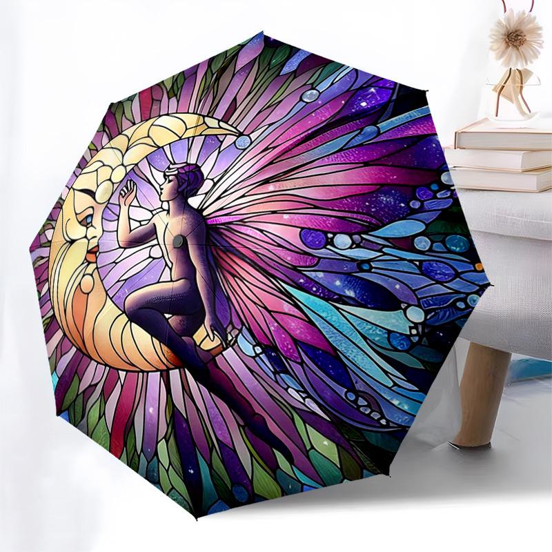 

1pc Stained Glass Butterfly Moon Umbrella - Auto Open Close Folding Design, 8-Bone Iron Frame Outdoor Umbrella, Festival Gift for Fans, Travelers, Dai