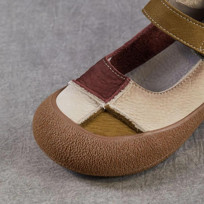 Johnature Genuine Leather Mixed Colors Soft Soled Women's Shoes Retro Round Toe Shallow Flat Shoes