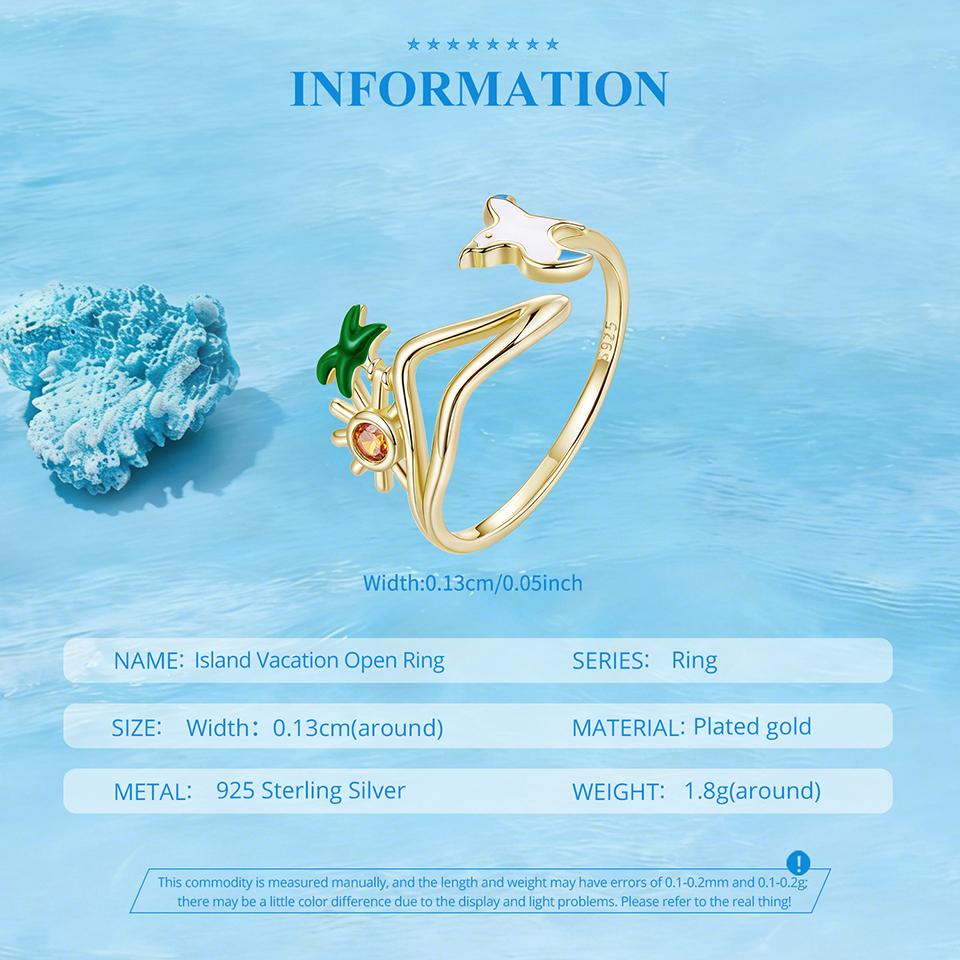 WOSTU 925 Sterling Silver Seagull Island Open Ring Adjustable Beach Vacation Rings Boho Style Jewelry with Green Palm