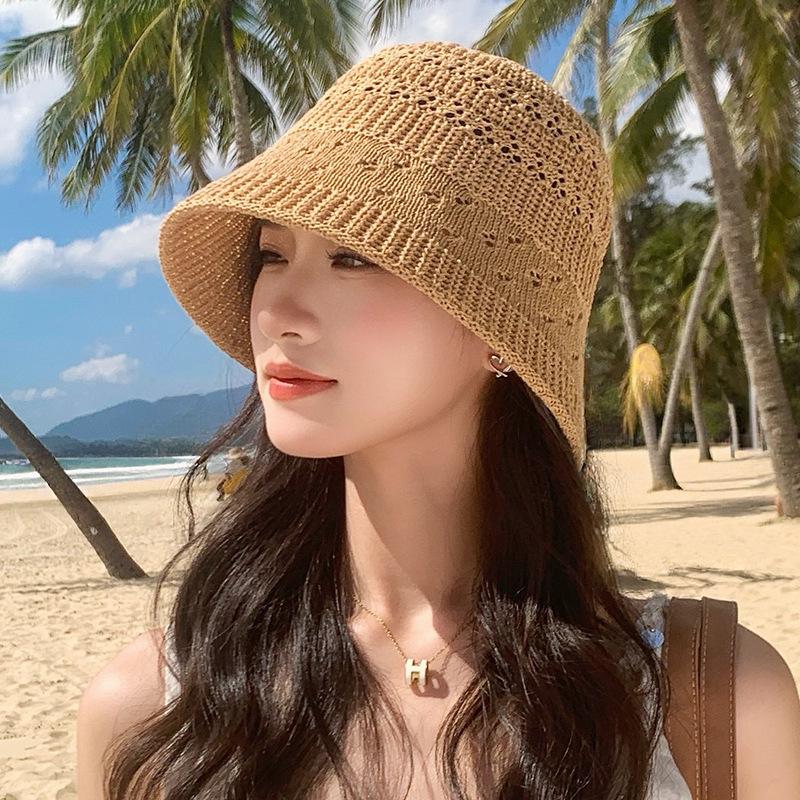 Women Hollow Breathable Openwork Knit Fisherman Cap Wide Brim Sun Hat for Summer Beach Outdoor Travel Daily Casual Sun Protection Ladies Headwear