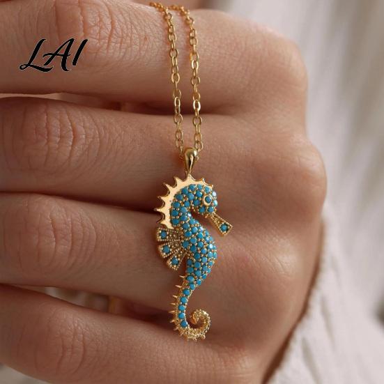 Stunning Ocean Pendant Necklace Women Blue Seahorse Necklace Rhinestone Stylish Sea Charm Creature Summer Beach Gift for Her Wife Girlfriend Delicate